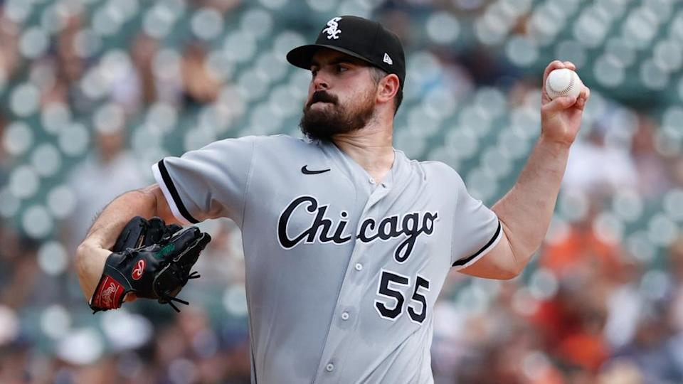 Jun 13, 2021; Detroit, Michigan, USA; Chicago White Sox starting pitcher Carlos Rodon (55) pitches in the third inning against the Detroit Tigers at Comerica Park.