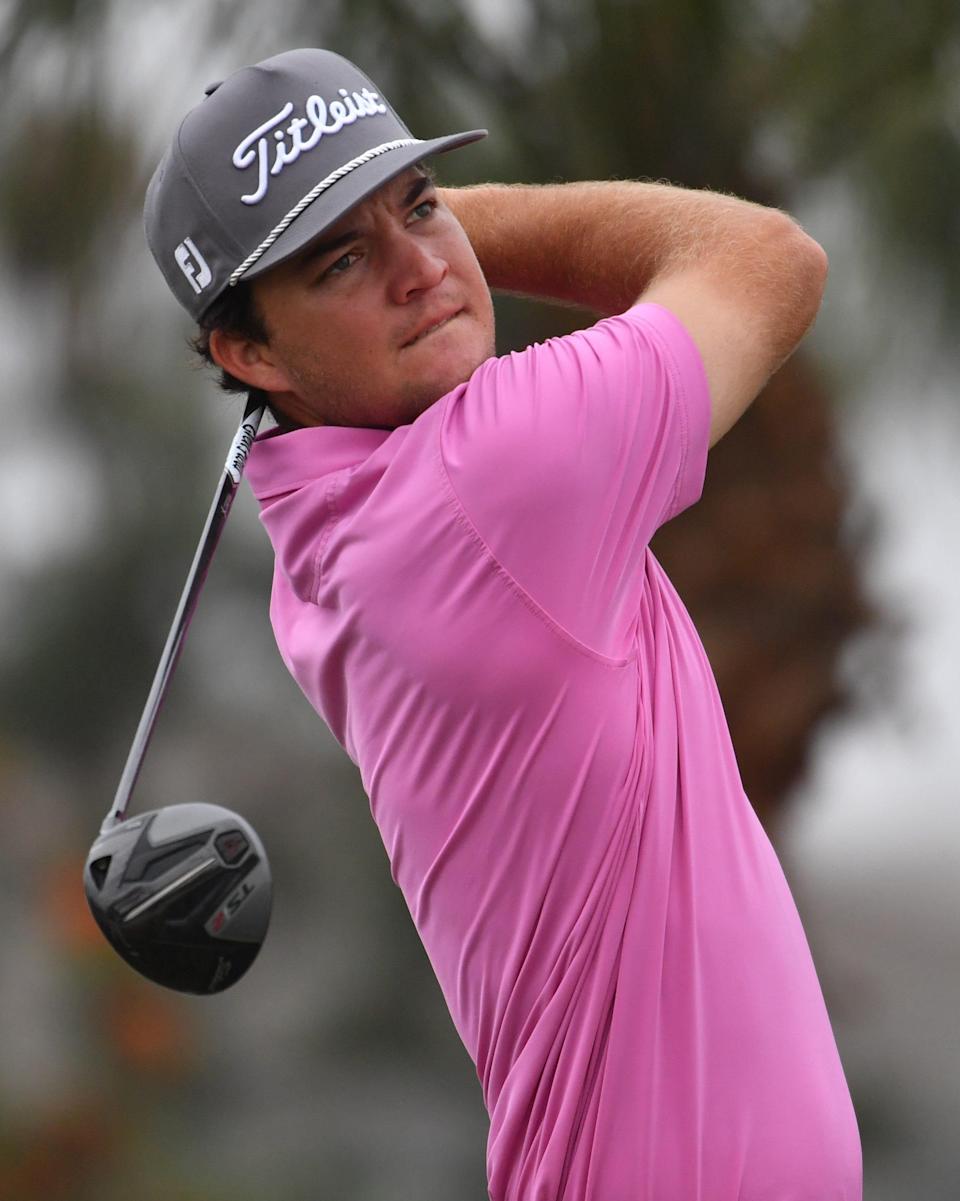 Andrew Kozan of Palm Beach Gardens, tees off on the par 5, 550-yard tenth hole on Friday, Feb. 18, 2022 during the second round of the LECOM Suncoast Classic on the Korn Ferry Tour at Lakewood National Golf Club. 