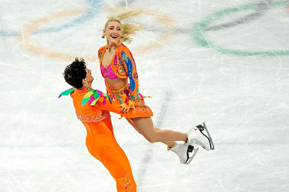 Piper Gilles (CAN) and Paul Poirier (CAN) compete in the team figure skating ice dance rhythm dance program event during the Beijing 2022 Olympic Winter Games at Capital Indoor Stadium on Feb 4, 2022.