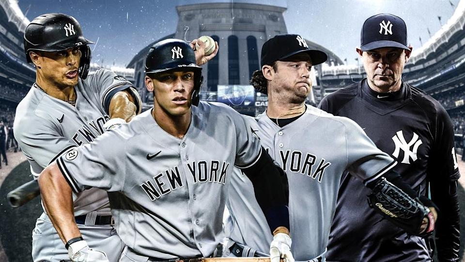 Yankees' Giancarlo Stanton, Aaron Judge, Gerrit Cole and Aaron Boone treated image with stadium in background