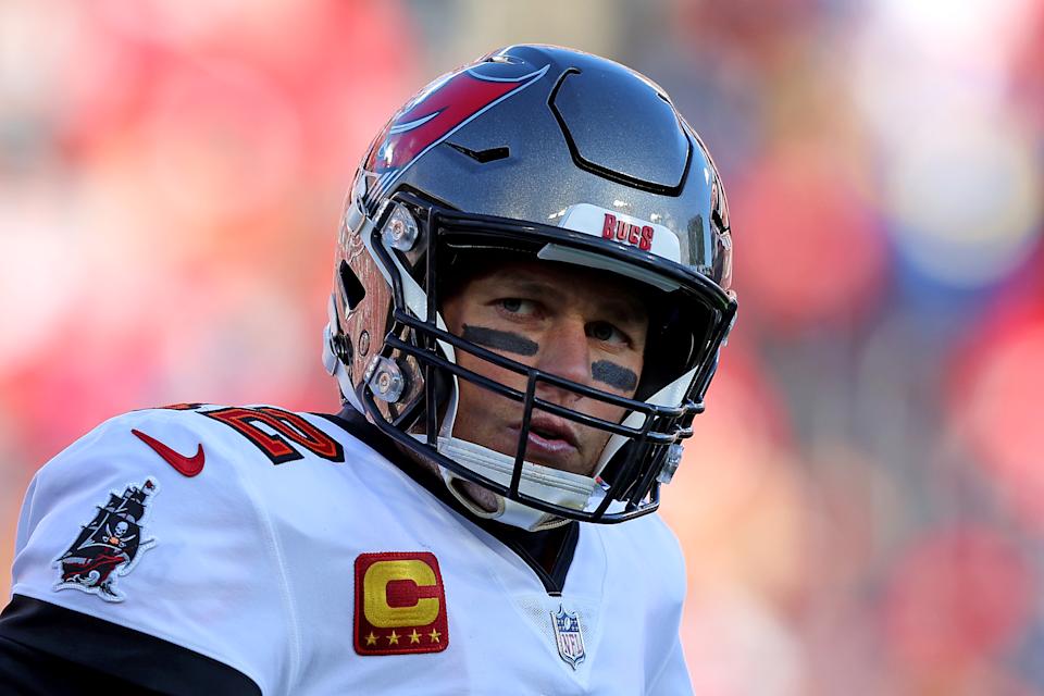 TAMPA, FLORIDA - JANUARY 23: Tom Brady #12 of the Tampa Bay Buccaneers reacts in the second quarter of the game against the Los Angeles Rams in the NFC Divisional Playoff game at Raymond James Stadium on January 23, 2022 in Tampa, Florida. (Photo by Kevin C. Cox/Getty Images)