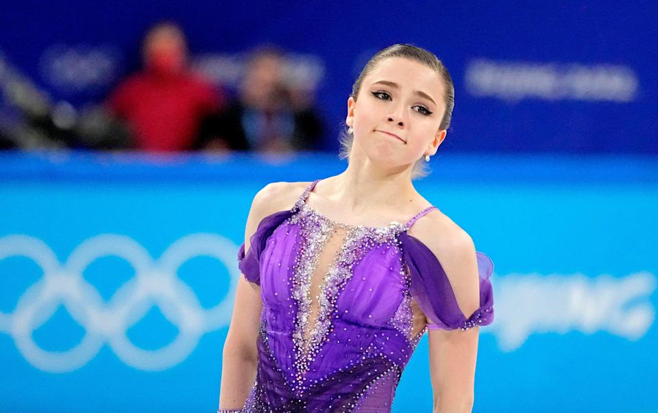 Kamila Valieva performs during the women’s figure skating short program during the Beijing Olympics at Capital Indoor Stadium.