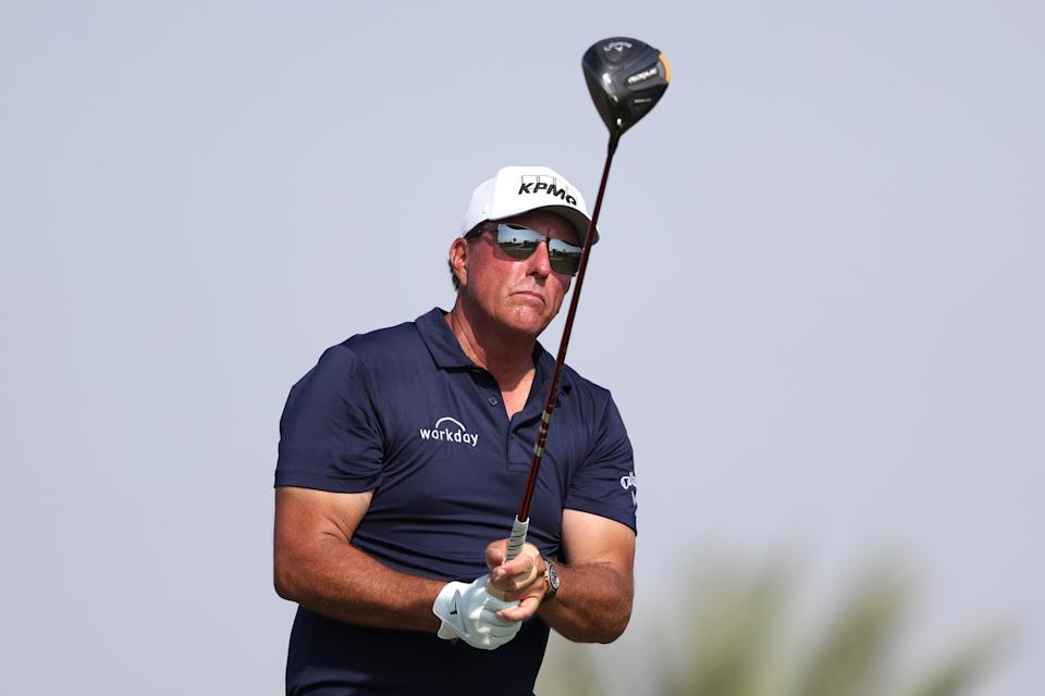 AL MUROOJ, SAUDI ARABIA - FEBRUARY 03: Phil Mickelson of the United States tees off on the 14th hole during day one of the PIF Saudi International at Royal Greens Golf & Country Club on February 3, 2022 in Al Murooj, Saudi Arabia. (Photo by Oisin Keniry/Getty Images)