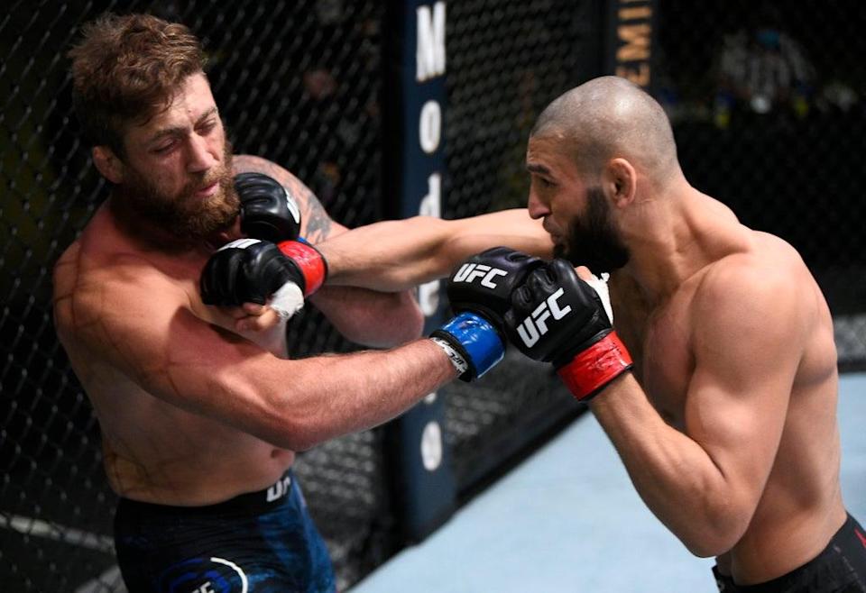 Chimaev (right) knocked out Gerald Meerschaert in 17 seconds in 2020 (Zuffa/LLC via Getty Images)