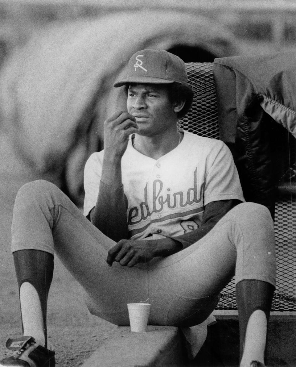 While playing with the Springfield Redbirds, top prospect David Green watches game between his team and Omaha Royals at Rosenblatt Stadium in 1981, the year after the Brewers traded him to St. Louis.