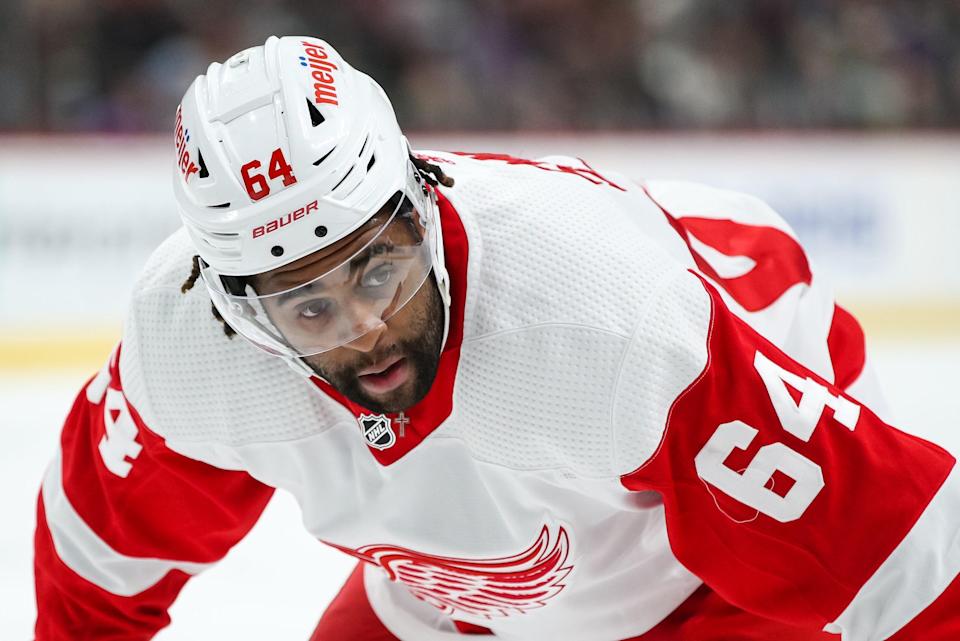 Red Wings forward Gemel Smith prepares for the faceoff in the first period of the Wings' 7-4 loss on Monday, Feb. 14, 2022, in St. Paul, Minnesota.