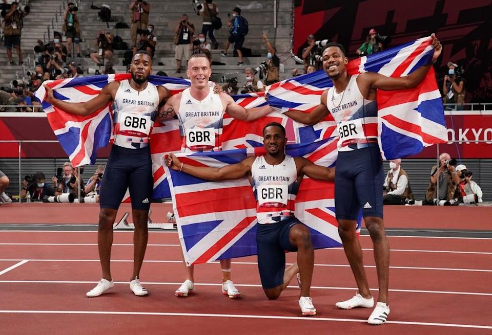 Great Britain’s Nethaneel Mitchell-Blake, Richard Kilty, Ujah and Zharnel Hughes (l-r) after the men’s 4x100m relay final at the Tokyo Olympics (Martin Rickett/PA) (PA Archive)