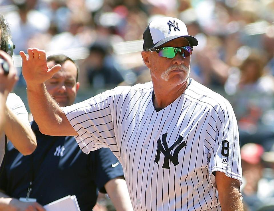 Former Yankees pitcher Rich &quot;Goose&quot; Gossage waves to the fans during the Old Timers Day ceremony prior to the game between the Detroit Tigers and New York Yankees at Yankee Stadium.