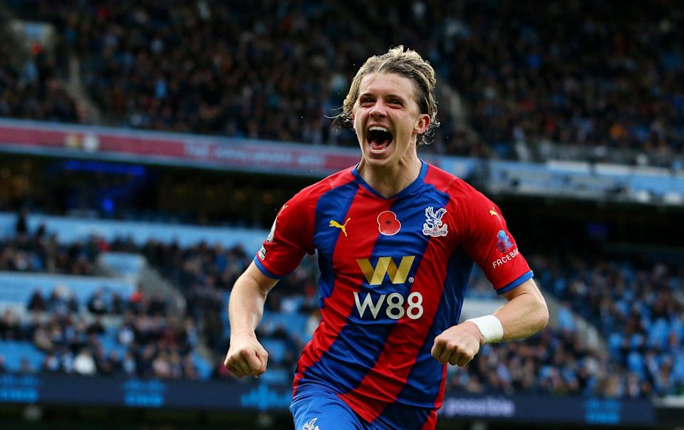 Conor Gallagher of Crystal Palace celebrates after scoring their team's win at Man City - Getty Images