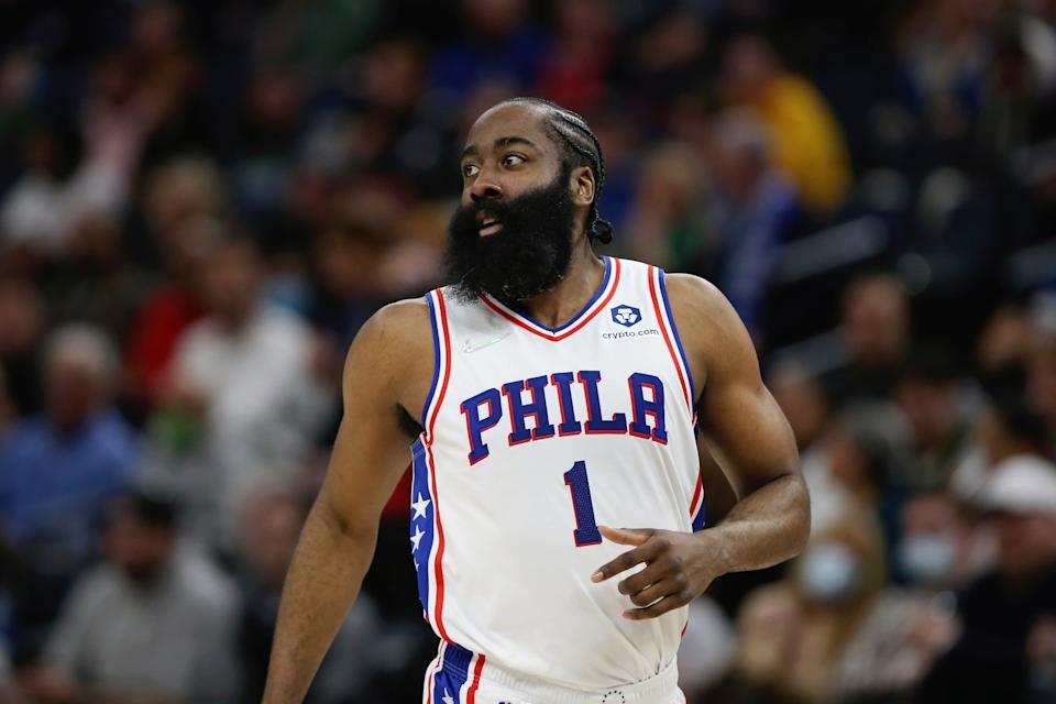 James Harden heads downcourt during his Sixers' debut Friday.