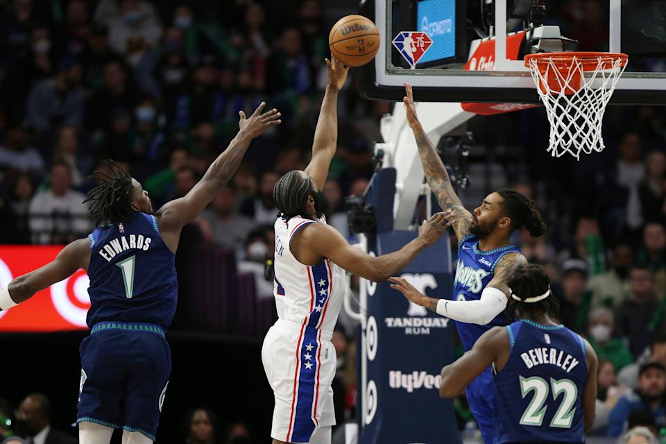 James Harden scores his first basket with the Sixers in the first quarter Friday against the Timberwolves.