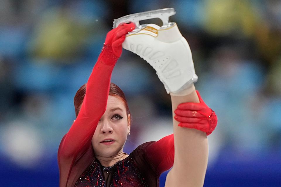 Alexandra Trusova, of the Russian Olympic Committee, competes in the women's short program during the figure skating at the 2022 Winter Olympics, Tuesday, Feb. 15, 2022, in Beijing. (AP Photo/David J. Phillip)