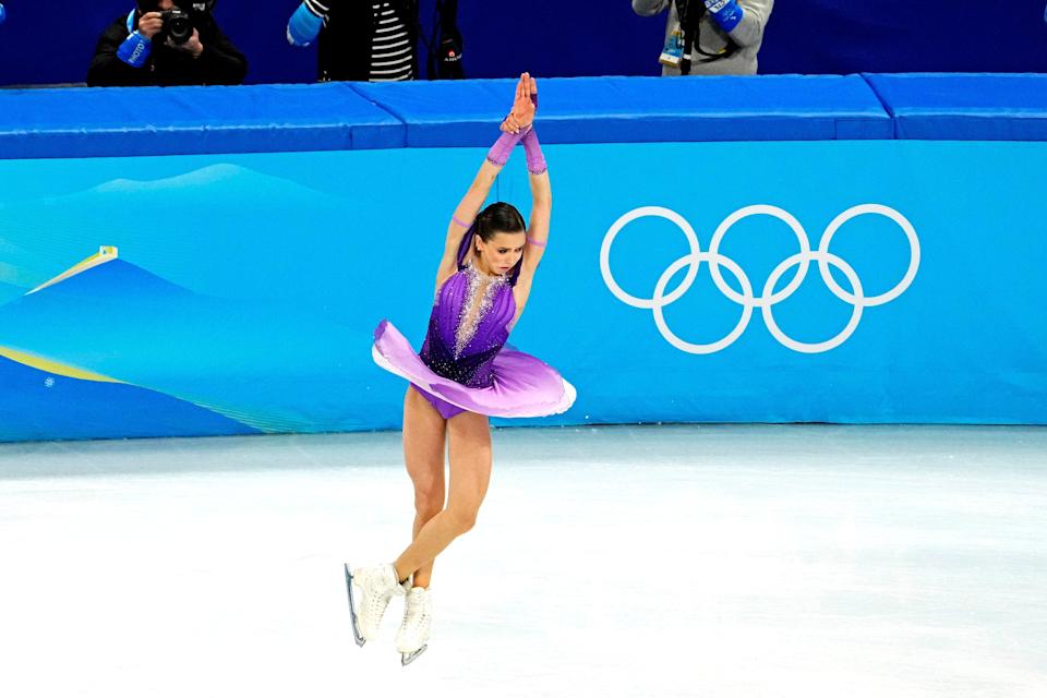 Russian figure skater Kamila Valieva executing her short program on Feb. 15, 2022, at the Beijing Winter Games.