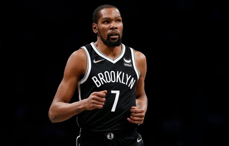 Brooklyn Nets forward Kevin Durant (7) against the New Orleans Pelicans during the first half of an NBA basketball game, Saturday, Jan. 15, 2022 in New York.