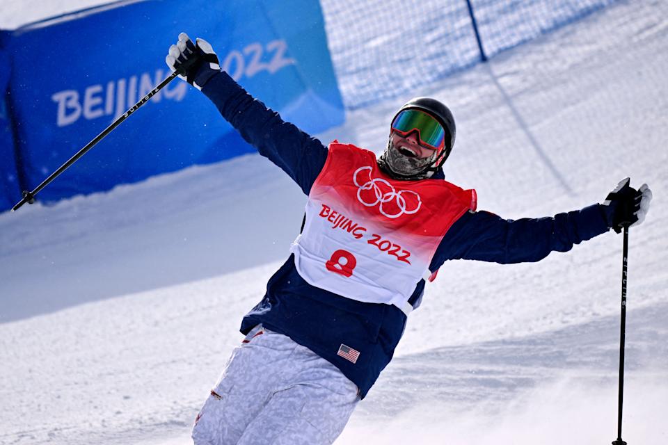 USA's David Wise reacts as he competes in the freeski halfpipe final run during the 2022 Winter Olympic Games at the Genting Snow Park H & S Stadium in Zhangjiakou, China on February 19, 2022. (BEN STANSALL/AFP via Getty Images)