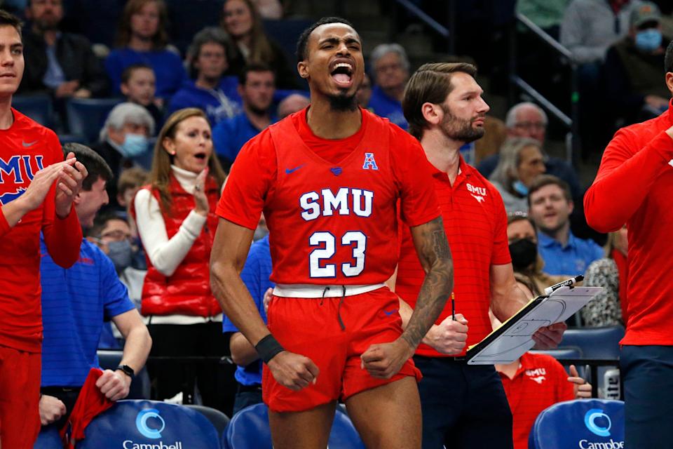 Southern Methodist Mustangs guard Michael Weathers (23) reacts from the bench area during the second half against the Memphis Tigers at FedExForum.