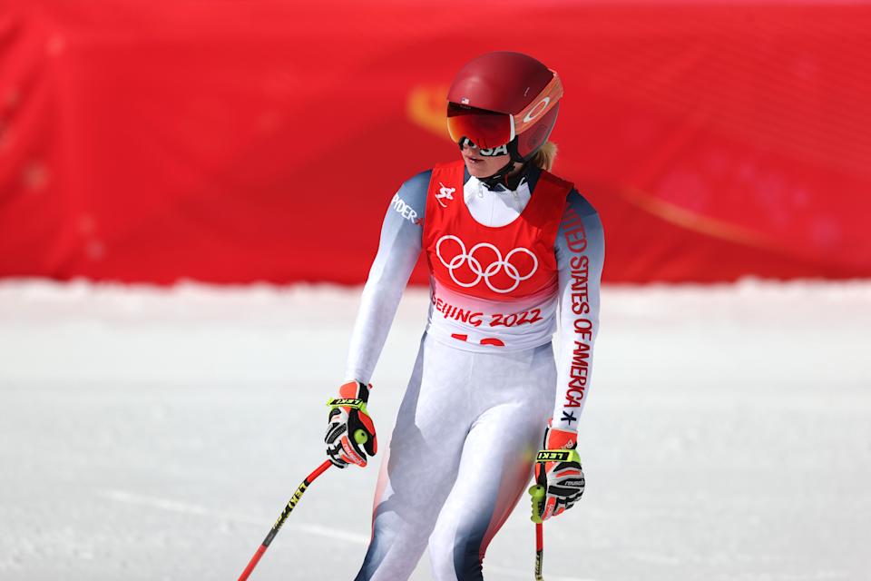 USA skier Mikaela Shiffrin reacts after her run in the downhill event during the 2022 Winter Olympic Games at National Alpine Ski Centre on February 15, 2022 in Yanqing, China. (Alex Pantling/Getty Images)