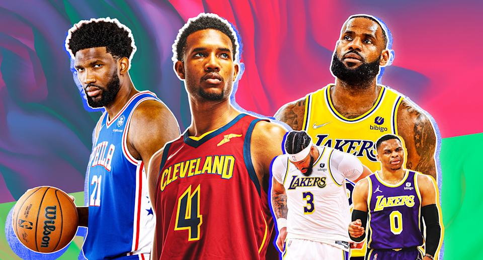 Philadelphia's Joel Embiid is a favorite for NBA MVP, Cleveland's Evan Mobley is Yahoo Sports experts' unanimous pick for Rookie of the Year and yes, the Los Angeles Lakers are still a mess. (Graphic by Erick Parra Monroy/Yahoo Sports)