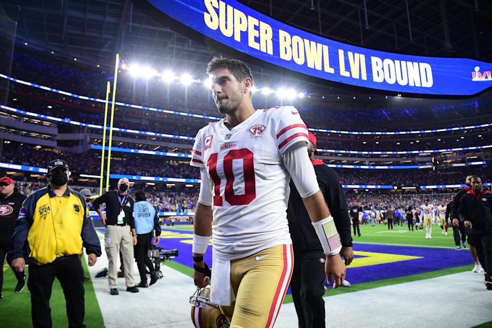 San Francisco 49ers quarterback Jimmy Garoppolo leaves the field after losing to the Los Angeles Rams in the NFC Championship Game at SoFi Stadium. (Gary A. Vasquez/USA TODAY Sports)