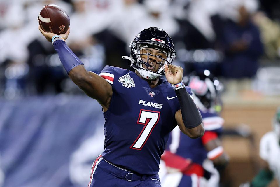 Malik Willis #7 of the Liberty Flames throws the ball during the first half of the LendingTree Bowl against the Eastern Michigan Eagles at Hancock Whitney Stadium on December 18, 2021 in Mobile, Alabama.