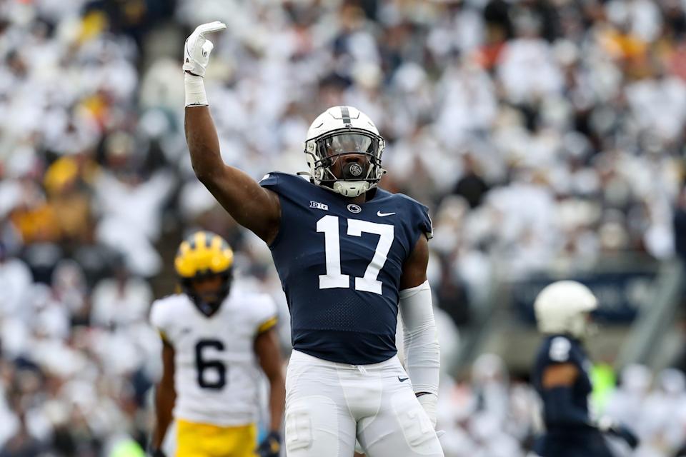 Nov 13, 2021; University Park, Pennsylvania, USA; Penn State Nittany Lions defensive end Arnold Ebiketie (17) reacts follow a sack on Michigan Wolverines quarterback Cade McNamara (12) (not pictured) during the second quarter at Beaver Stadium. Mandatory Credit: Matthew OHaren-USA TODAY Sports