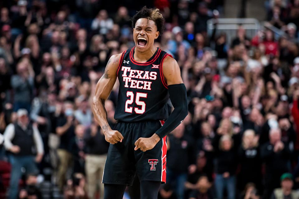 LUBBOCK, TEXAS - FEBRUARY 02: Guard Adonis Arms #25 of the Texas Tech Red Raiders celebrates during the first half of the college basketball game against the Texas Longhorns at United Supermarkets Arena on February 01, 2022 in Lubbock, Texas. (Photo by John E. Moore III/Getty Images) ORG XMIT: 775758907 ORIG FILE ID: 1368125788