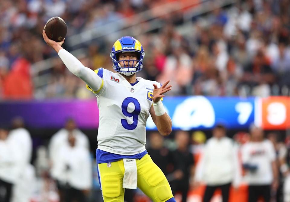 Los Angeles Rams quarterback Matthew Stafford (9) throws a touchdown pass to wide receiver Cooper Kupp (not pictured) against the Cincinnati Bengals during the second quarter in Super Bowl LVI at SoFi Stadium.