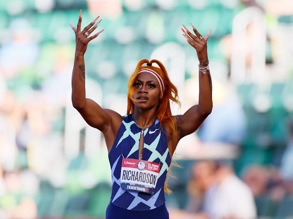 Sha'Carri Richardson reacts after competing in the Women's 100 Meter Semi-finals on day 2 of the 2020 U.S. Olympic Track & Field Team Trials at Hayward Field on June 19, 2021 in Eugene, Oregon.