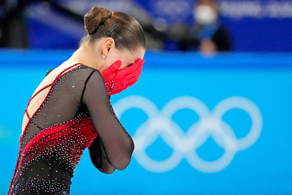 Kamila Valieva reacts after her defeat in the women’s long program during the Beijing Olympics.