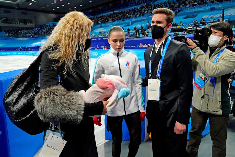 Kamila Valieva (ROC) shows her pain after her loss in the women’s figure skating free program