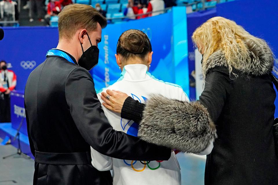 Kamila Valieva (ROC) reacts after her routine in the women’s figure skating free program during the Beijing 2022 Olympic Winter Games.