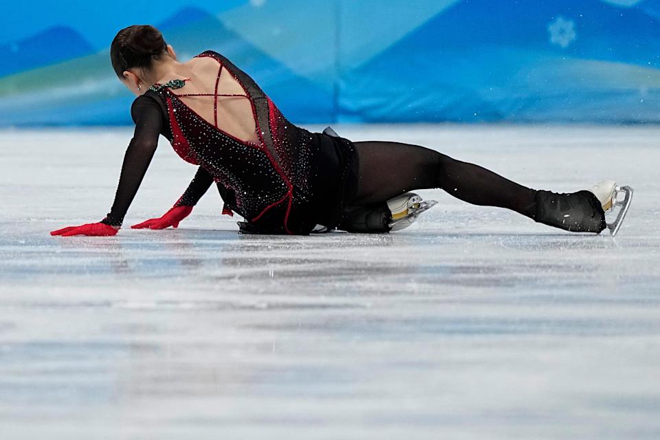 Kamila Valieva, of the Russian Olympic Committee, falls in the women's free skate program during the figure skating competition at the 2022 Winter Olympics,