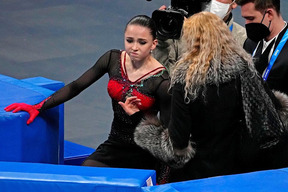 Kamila Valieva (ROC) steps out of the rink in the women’s figure skating free program during the Beijing 2022 Olympic Winter Games