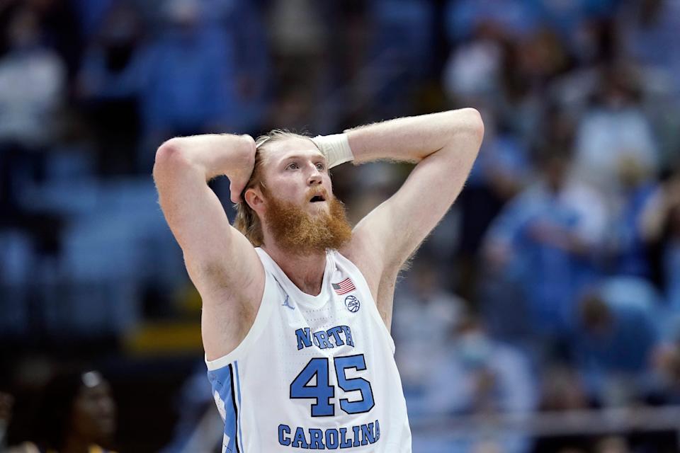 North Carolina forward Brady Manek reacts during the second half against Pittsburgh on Wednesday night at the Smith Center.