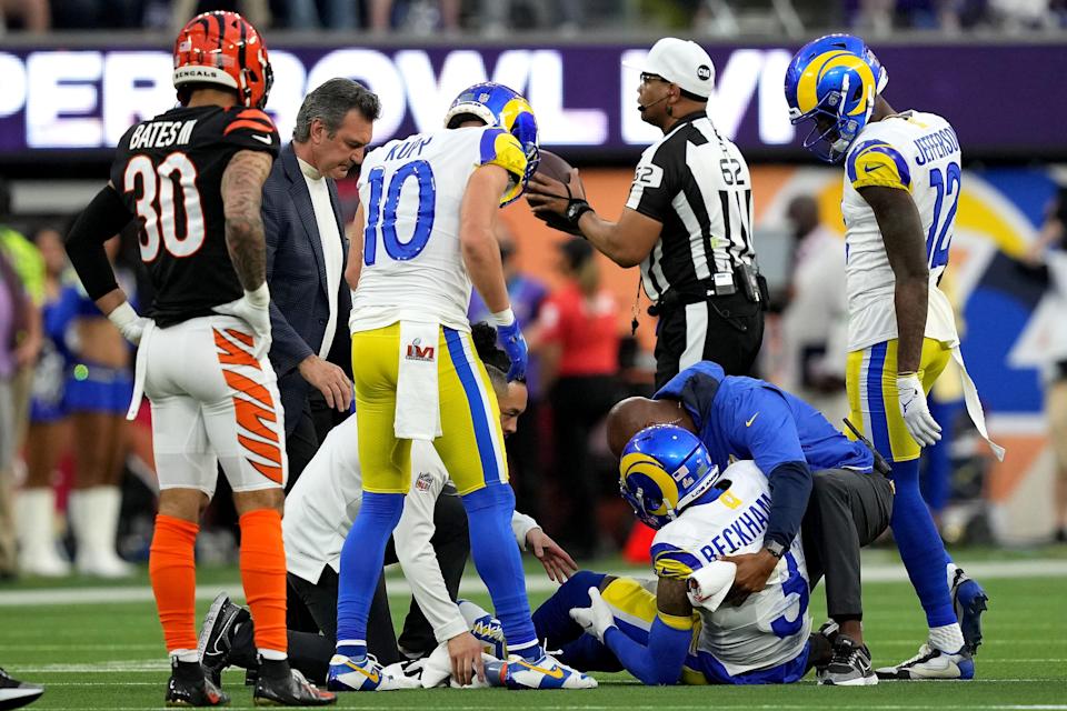 Los Angeles Rams wide receiver Odell Beckham Jr. (3) is attended to down on the field after suffering an injury in the second quarter during Super Bowl 56 against the Cincinnati Bengals, Sunday, Feb. 13, 2022, at SoFi Stadium in Inglewood, Calif.