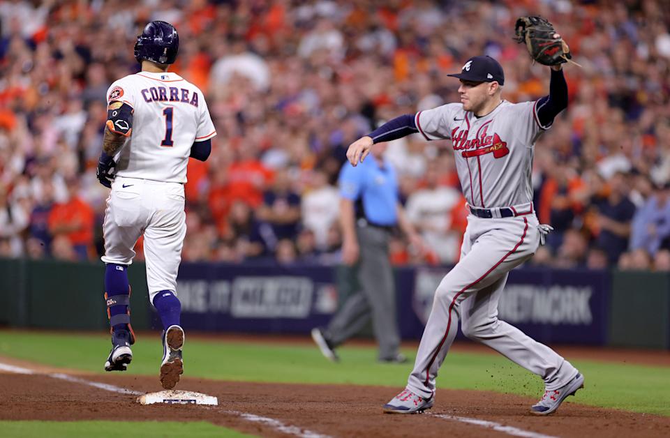 World Series stars Carlos Correa and Freddie Freeman are the biggest names left on MLB's lockout-suspended free agent market. (Photo by Carmen Mandato/Getty Images)