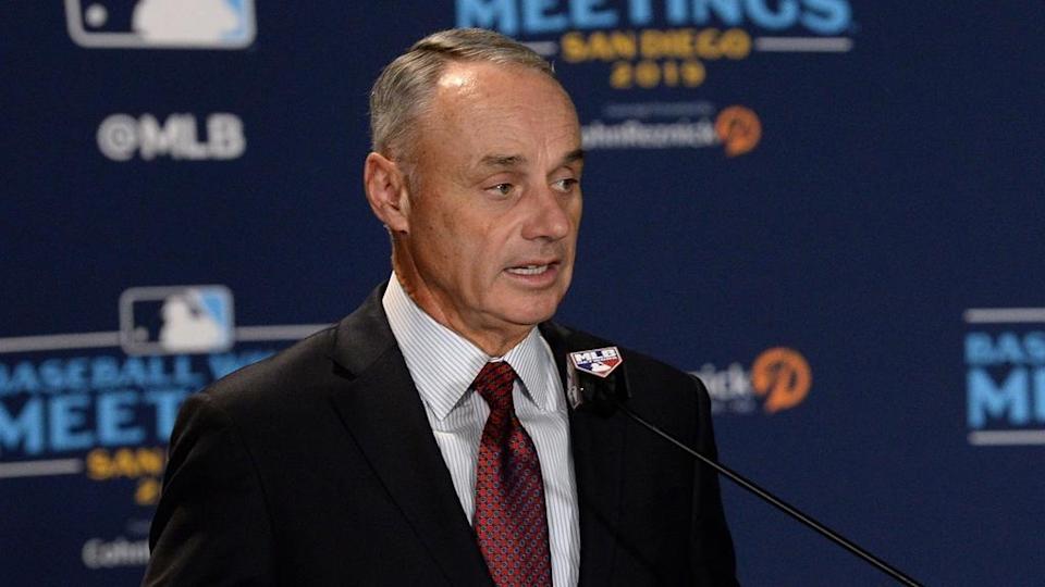 MLB commissioner Rob Manfred speaks to the media before announcing the All-MLB team during the MLB Winter Meetings at Manchester Grand Hyatt.