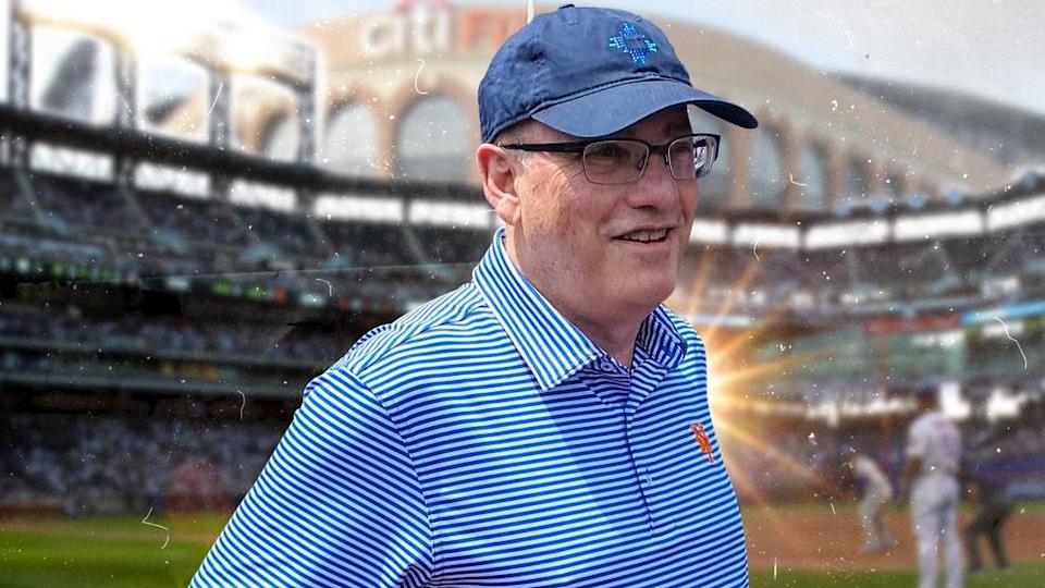 Steve Cohen treated image, in front of two panel Citi Field 2021