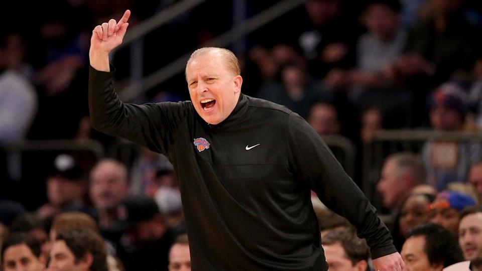 Feb 16, 2022; New York, New York, USA; New York Knicks head coach Tom Thibodeau coaches against the Brooklyn Nets during the first quarter at Madison Square Garden.