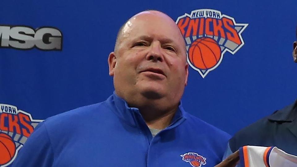 Aug 17, 2021; New York, New York, USA; Knicks team president Leon Rose during an introductory news conference at Madison Square Garden.