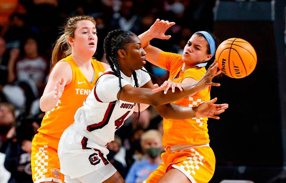 South Carolina's Saniya Rivers (44) passes the ball as Tennessee's Alexus Dye (2) pressures during their women's basketball game on Feb, 20, 2022, in Columbia, South Carolina. (Tracy Glantz/The State/Tribune News Service via Getty Images)