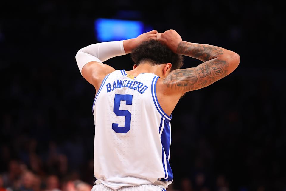 Duke Blue Devils forward Paolo Banchero (5) reacts during a loss to Virginia Tech in the ACC tournament, heading into March Madness. (Photo by Rich Graessle/Icon Sportswire via Getty Images)