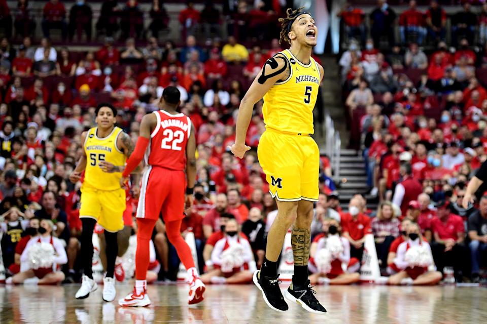 Michigan's Terrance Williams II reacts after a basket during the first half against Ohio State at Value City Arena on Sunday, March 6, 2022 in Columbus, Ohio.