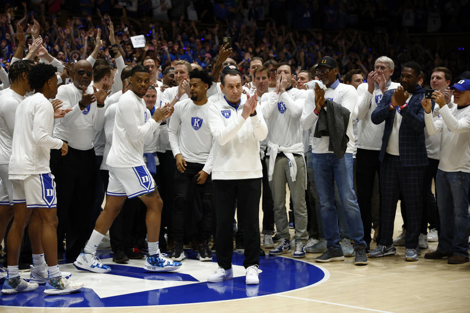 DURHAM, NORTH CAROLINA - MARCH 05: Head coach Mike Krzyzewski of the Duke Blue Devils looks on as he is recognized prior to a game against the North Carolina Tar Heels at Cameron Indoor Stadium on March 05, 2022 in Durham, North Carolina. (Photo by Jared C. Tilton/Getty Images)