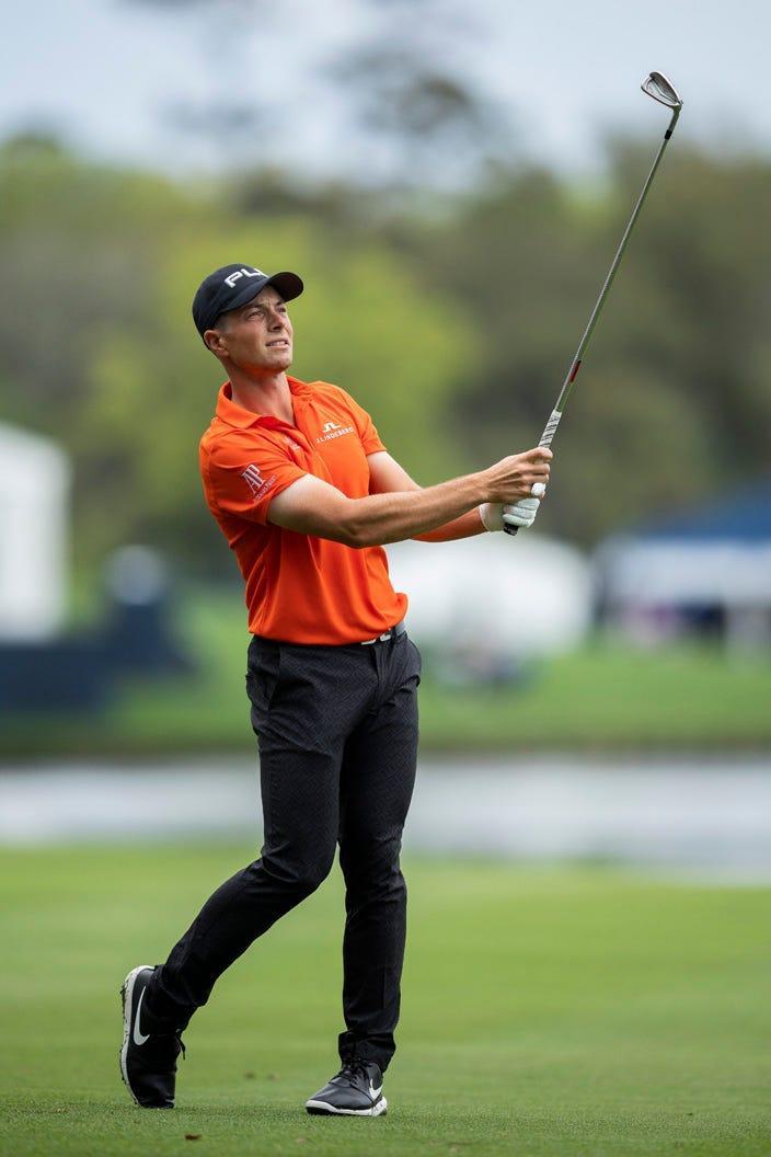 Viktor Hovland did not agree with Daniel Berger about a drop at the 16th hole of the Players Stadium Course on Monday.