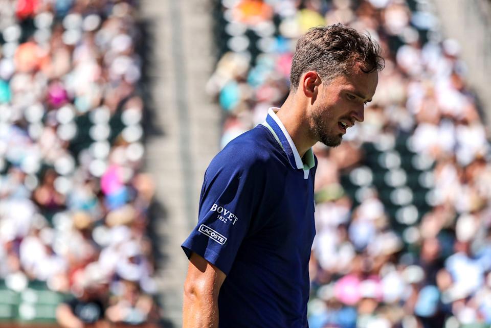 Daniil Medvedev of Russia reacts to losing a game in the second set to Gael Monfils of France during the third round of the BNP Paribas Open.