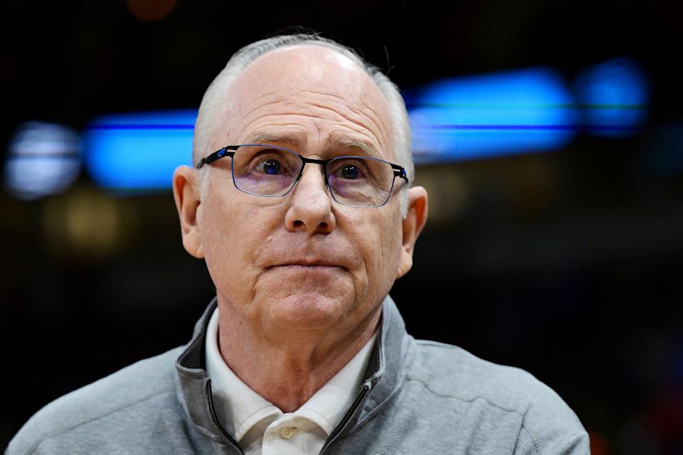 CHICAGO, ILLINOIS - MARCH 25: Head coach Jim Larranaga of the Miami Hurricanes looks on after the 70-56 win over the Iowa State Cyclones in the Sweet Sixteen round game of the 2022 NCAA Men's Basketball Tournament at United Center on March 25, 2022 in Chicago, Illinois. (Photo by Quinn Harris/Getty Images)