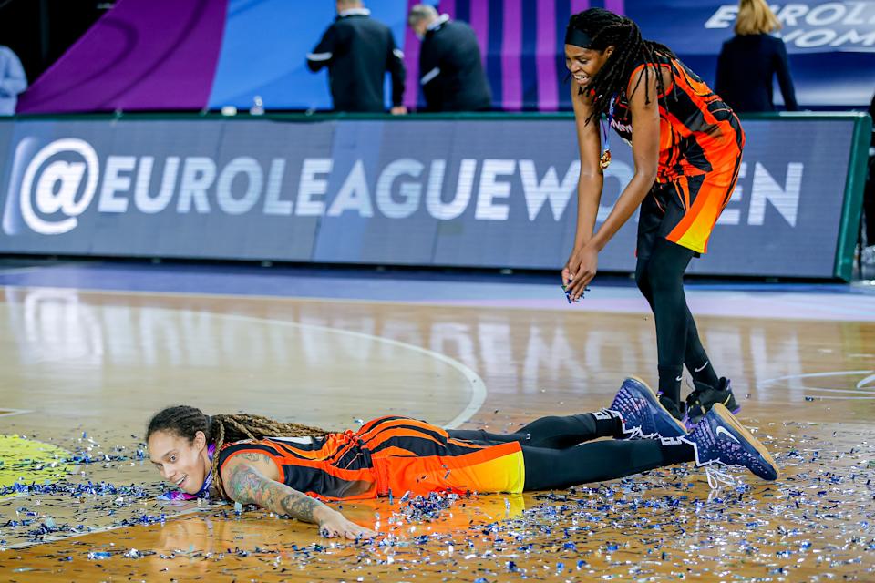 ISTANBUL, TURKEY - APRIL 18: Brittney Griner of UMMC Ekaterinburg celebrates winning the EuroLeague Women's Final during the EuroLeague Women Final match between Perfumerias Avenida and UMMC Ekaterinburg at Volkswagen Arena on April 18, 2021 in Istanbul, Turkey (Photo by /BSR Agency/Getty Images)