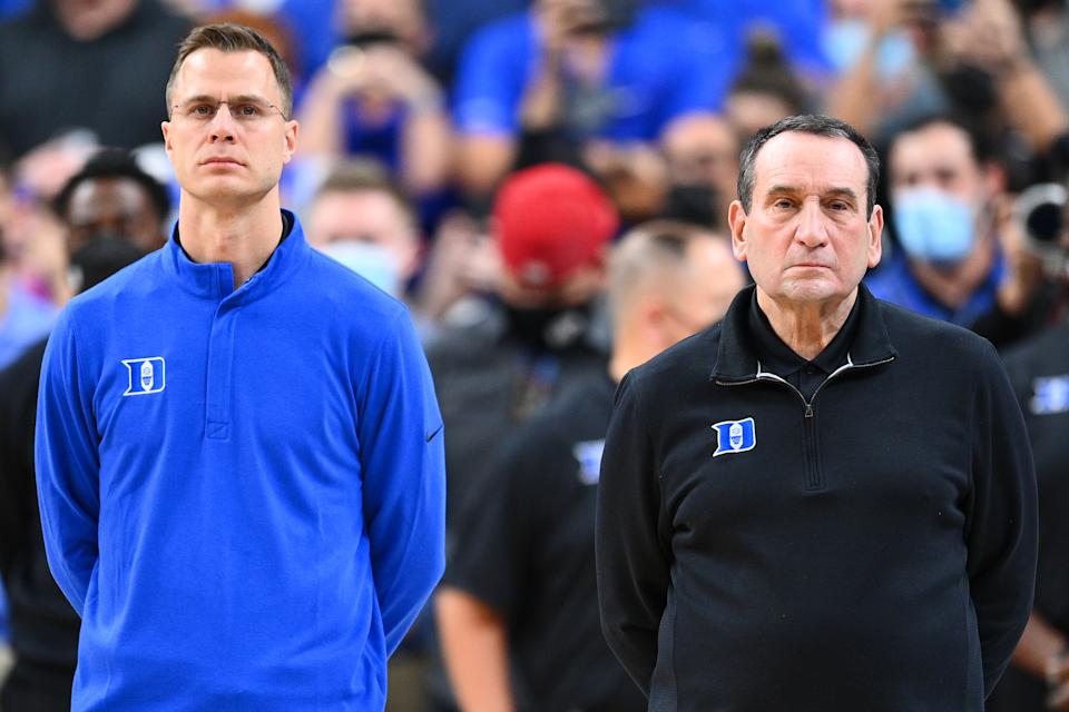 LAS VEGAS, NV - NOVEMBER 26: Duke Blue Devils associate head coach Jon Scheyer and Duke Blue Devils head coach Mike Krzyzewski look on before the Continental Tire Challenge college basketball game between the Duke Blue Devils and the Gonzaga Bulldogs on November 26, 2021, at the T-Mobile Arena in Las Vegas, NV. (Photo by Brian Rothmuller/Icon Sportswire via Getty Images)