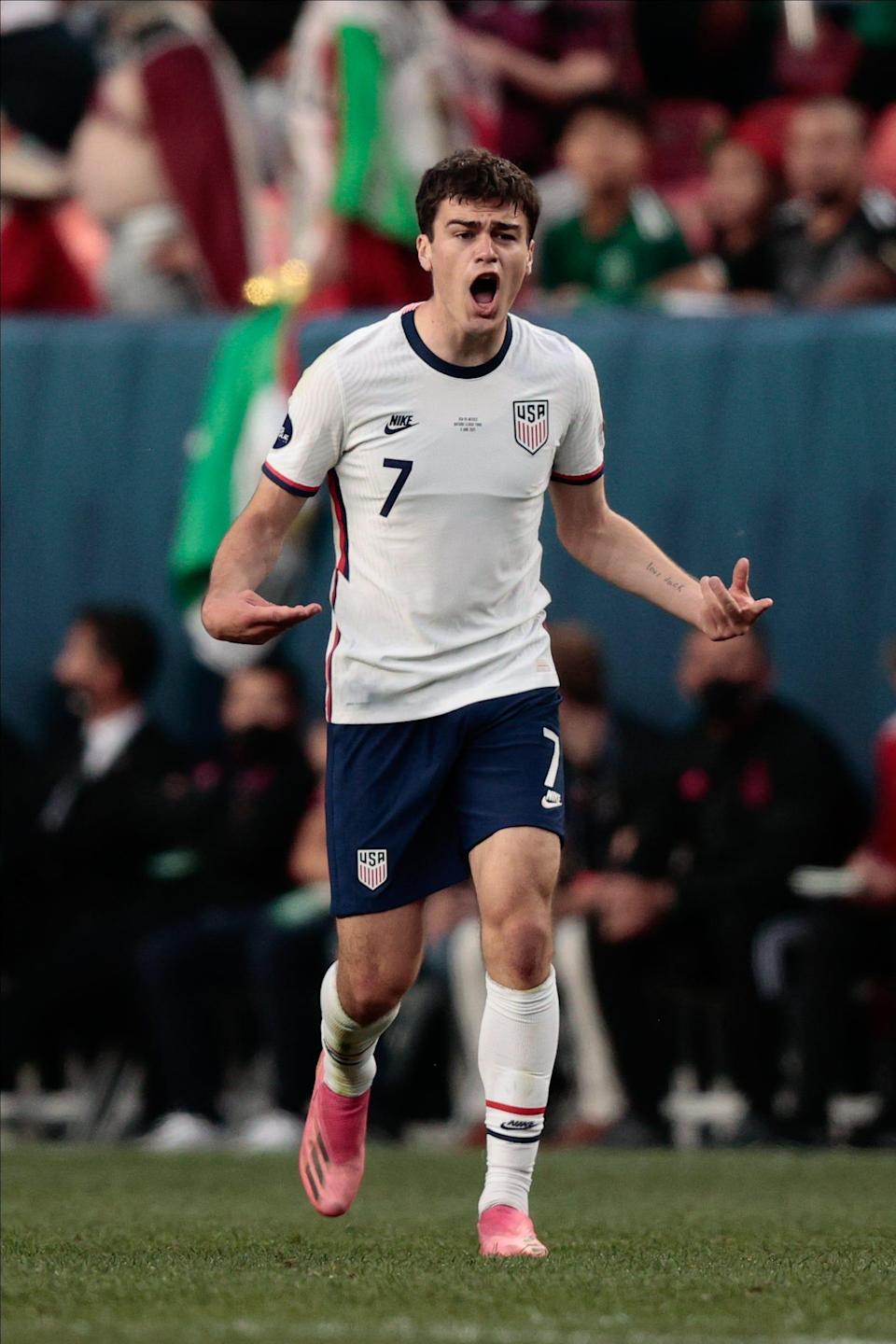 Gio Reyna celebrates after scoring a goal in the USMNT's win over Mexico in the 2021 Nations League final.